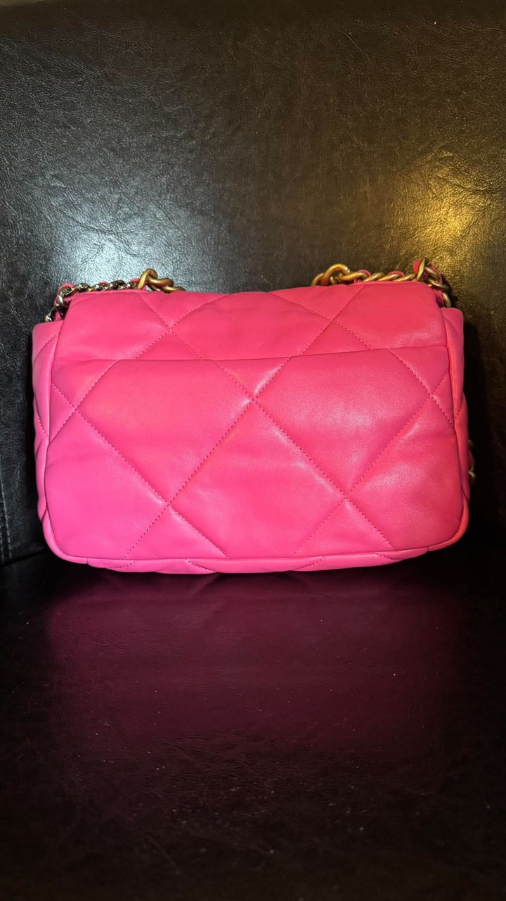 CHANEL 19 size Small in Hot Pink Lambskin Mixed Hardware Flap Bag Microchipped