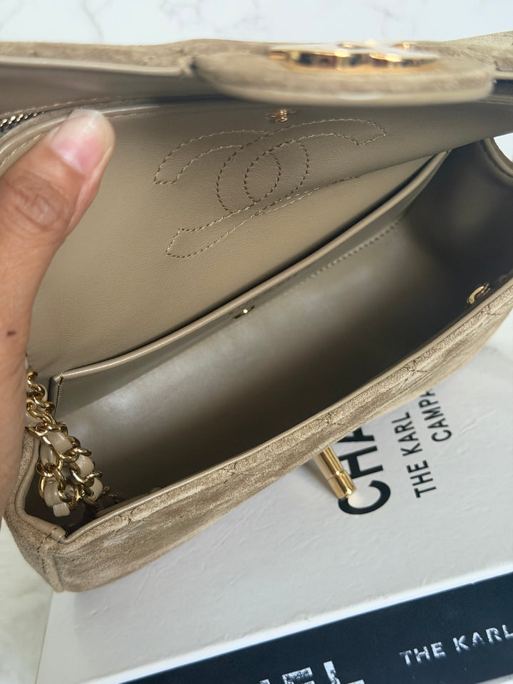 CHANEL 26B Beige Suede Matthie Blazy Mini Flap Bag GHW 2026