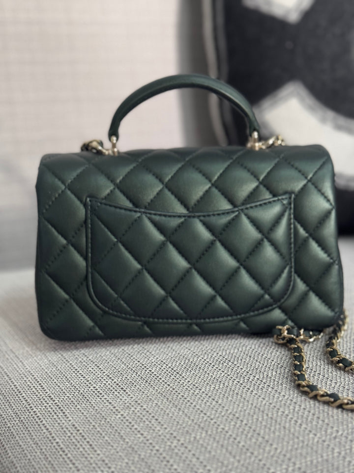 Chanel Iridescent Dark Green Lambskin Mini Rectangular Flap Bag with Top Handle and Champagne GHW