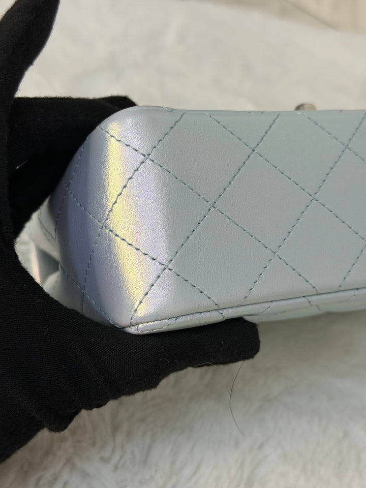 CHANEL 21K 2021 Iridescent light Blue Calf skin SHW Mini rectangular flap bag microchip