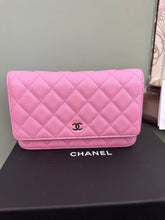 Load image into Gallery viewer, Chanel 23P Pink Caviar Mauve undertone Classic Wallet on chain (WOC) with champagne GHW
