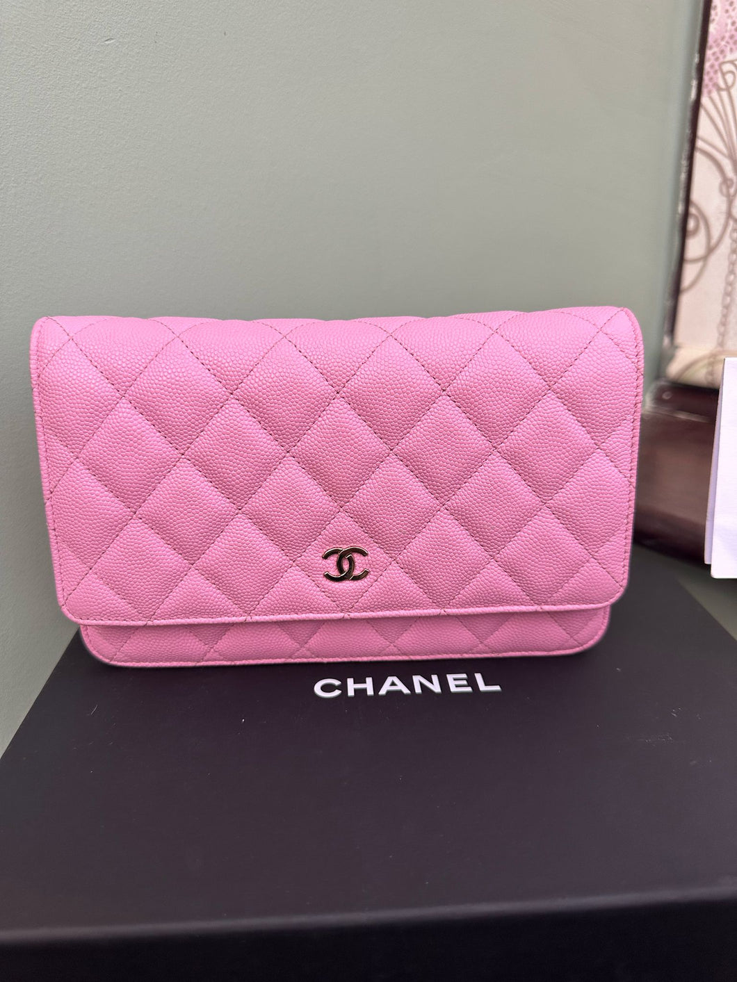 Chanel 23P Pink Caviar Mauve undertone Classic Wallet on chain (WOC) with champagne GHW