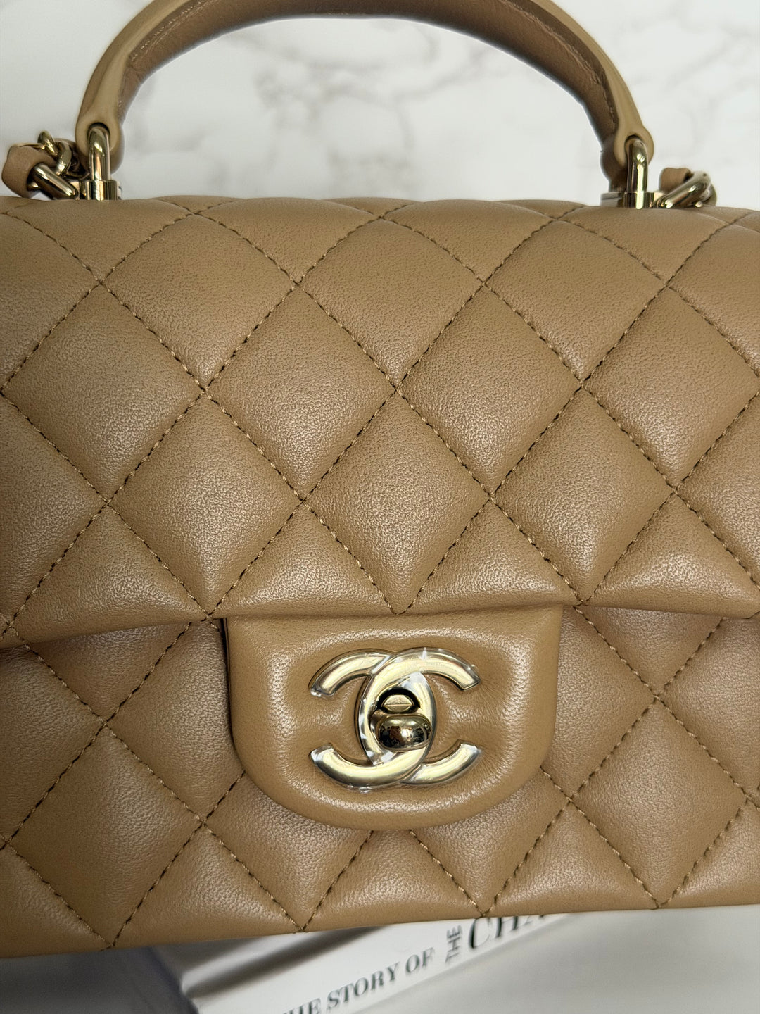 CHANEL Dark Beige Lambskin LGHW Mini Rectangular Flap Bag with Top Handle 2023