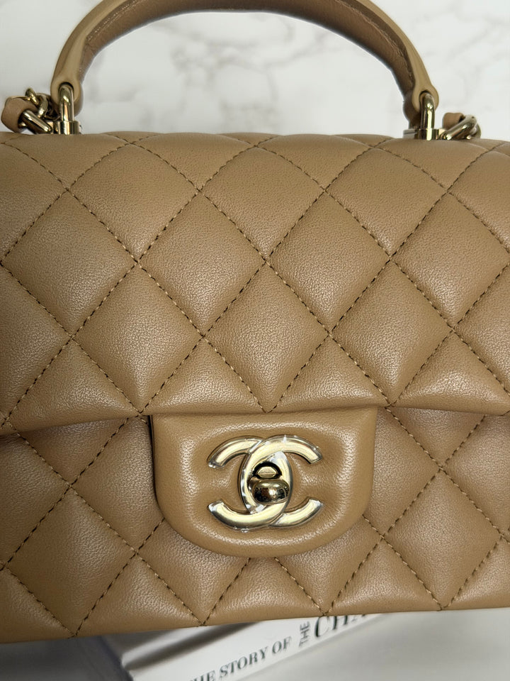 CHANEL Dark Beige Lambskin LGHW Mini Rectangular Flap Bag with Top Handle 2023