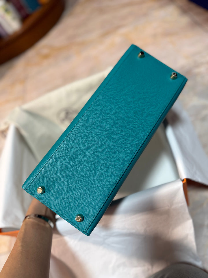 Hermes Kelly 28 Sellier Epsom Leather SO Bleu Paon GHW Stamp D 2019