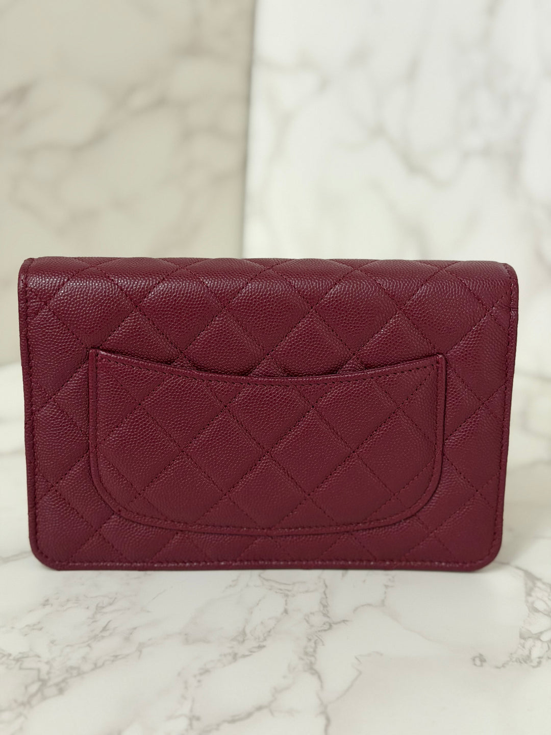 CHANEL 2024 Burgundy Caviar SHW Classic Wallet on chain (WOC) with crystal CC Logo