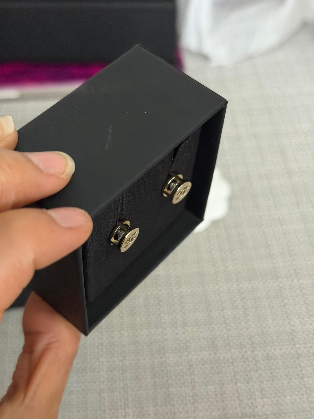 CHANEL 2024 Light Gold Round Earrings with Crystals 0.5 cms diameter