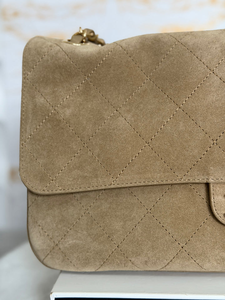 CHANEL 26S Beige Suede Leather LGHW Maxi Flap Bag 32 cms