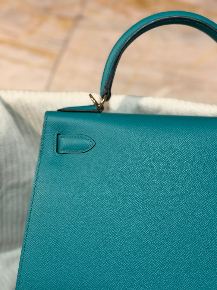 Hermes Kelly 28 Sellier Epsom Leather SO Bleu Paon GHW Stamp D 2019