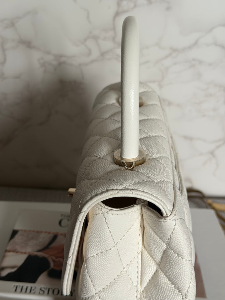 CHANEL White Caviar LGHW Coco Handle Flap Bag Size SMALL with detachable Strap Microchipped