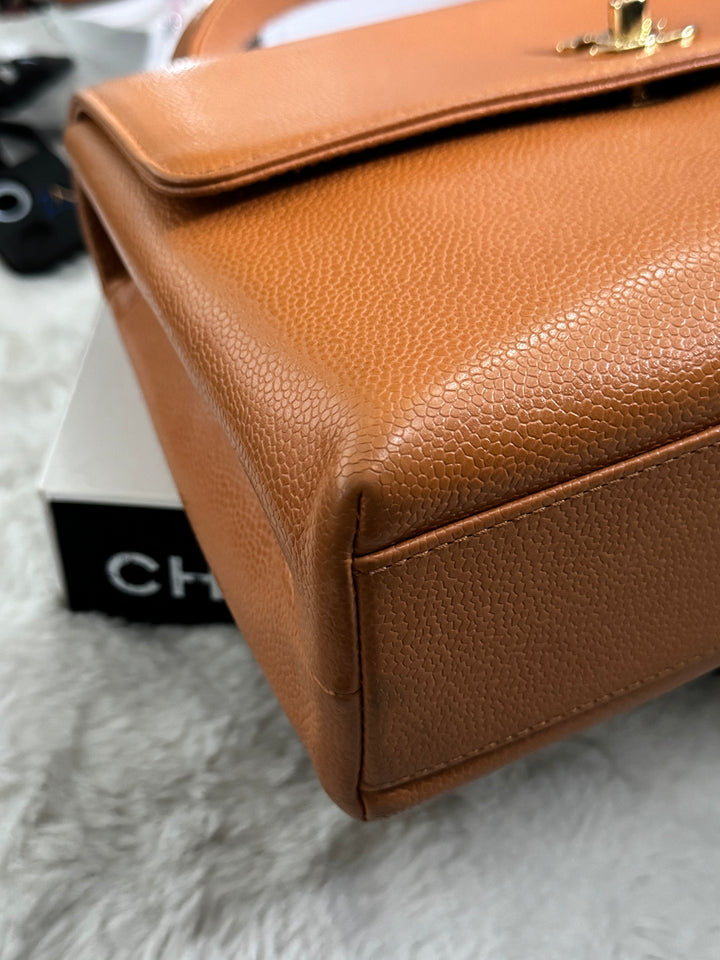 Chanel series 5 circa 1999 Kelly Top Handle Flap 24K GHW in Orange Caviar A12391