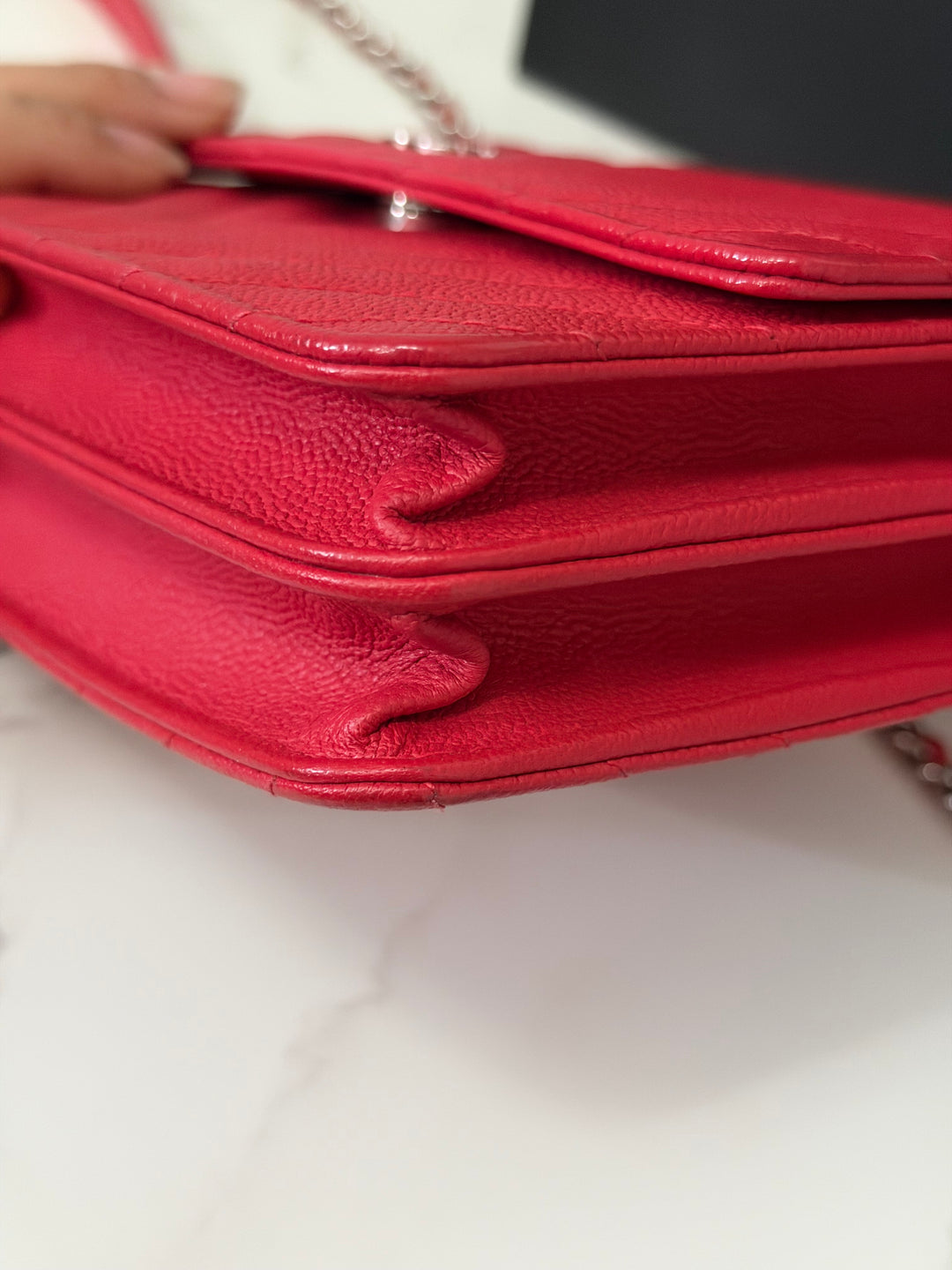 CHANEL series 25 2018 Dark pink chevron caviar SHW Square Wallet On Chain (WOC)