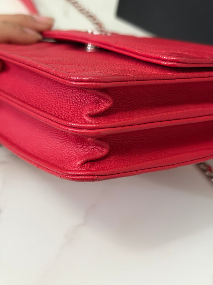 CHANEL series 25 2018 Dark pink chevron caviar SHW Square Wallet On Chain (WOC)