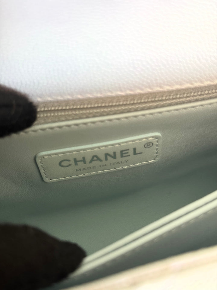 CHANEL 21K iridescent Light Blue Caviar Rainbow and shiny SHW Coco Handle Flap Bag size Small 2021