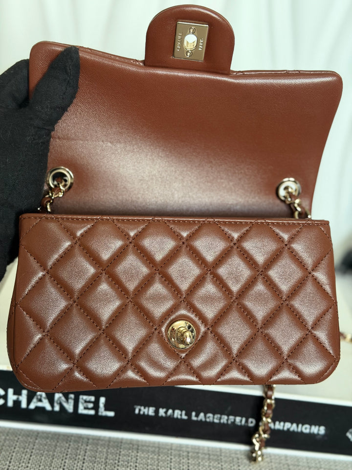 CHANEL 26S Brown Lambskin Adjustable Chain LGHW Mini Rectangular Flap Bag 2026