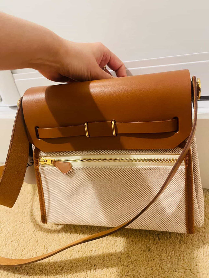 Hermes Herbag 20 Zip Ecru/Fauve Toile H Vache Hunter Leather Size Mini