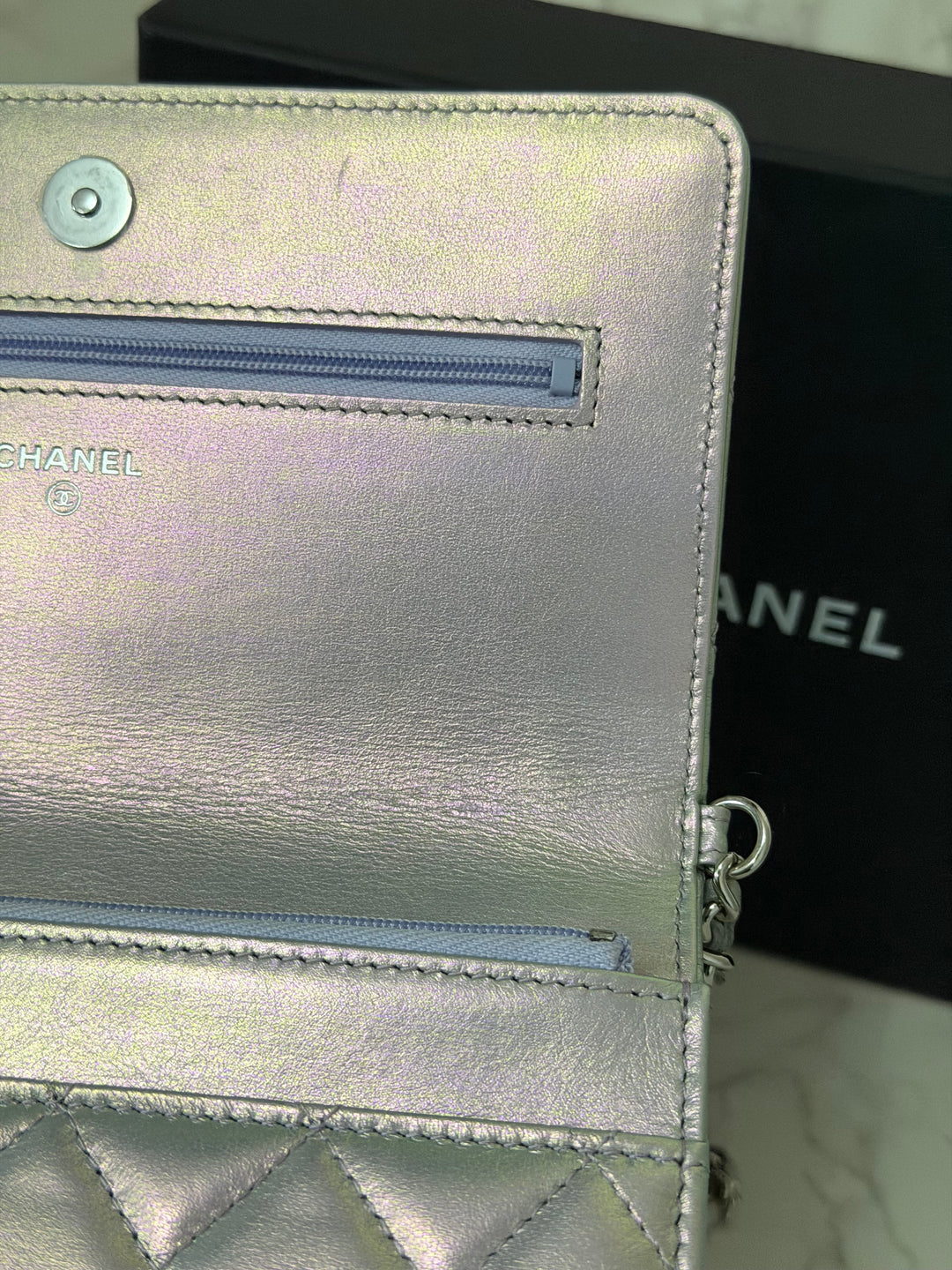 CHANEL 21K Silver Lambskin SHW Classic Wallet On Chain (WOC)