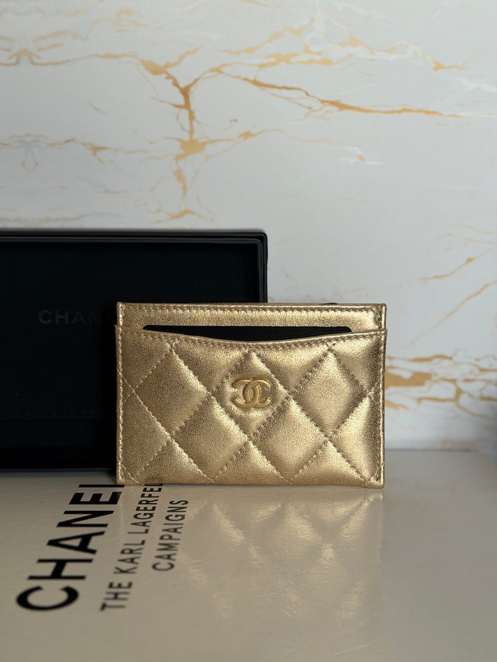 CHANEL Gold Metallic Lambskin LGHW Classic Flat Card Holder 2022
