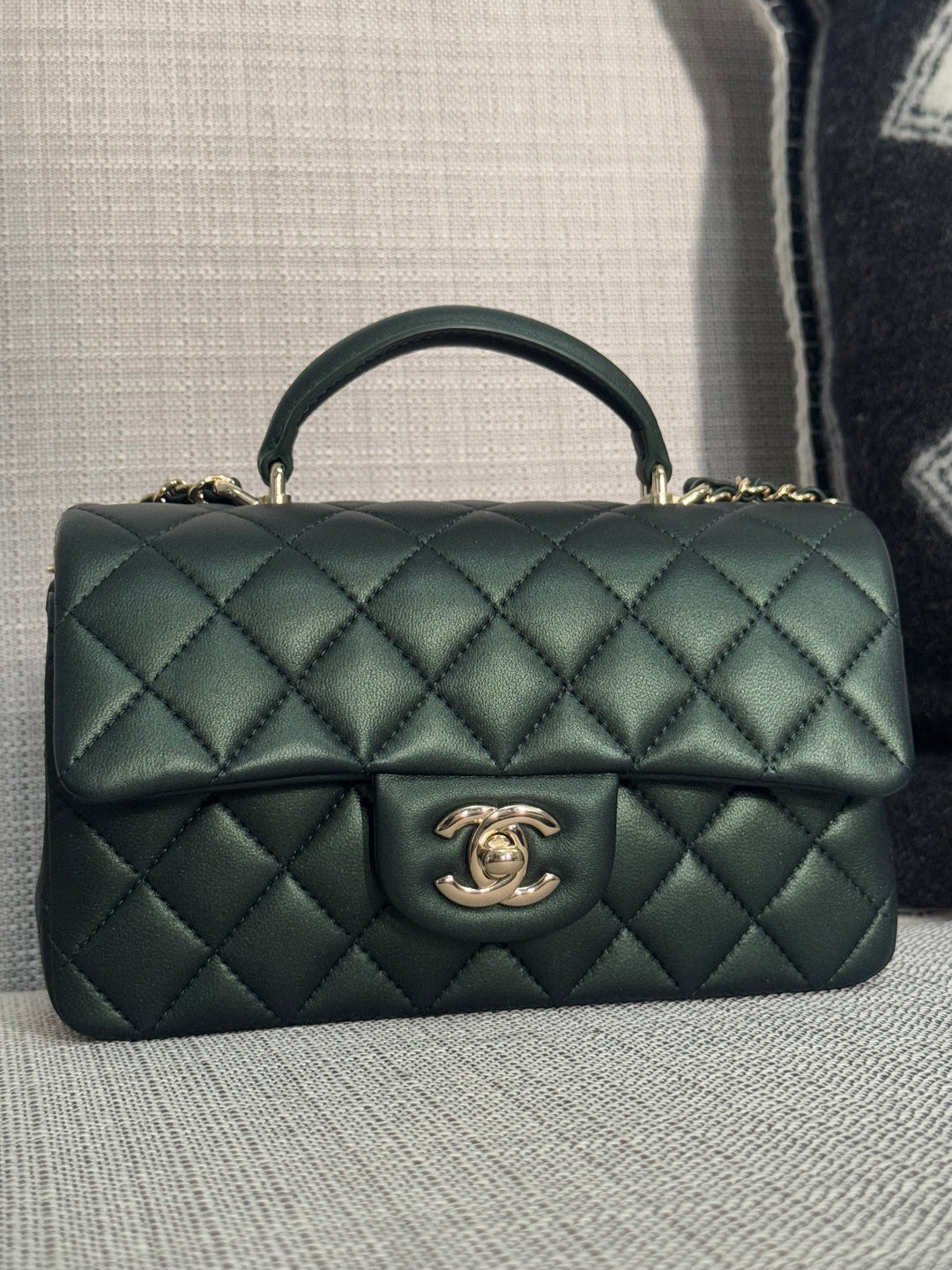 Chanel Iridescent Dark Green Lambskin Mini Rectangular Flap Bag with Top Handle and Champagne GHW