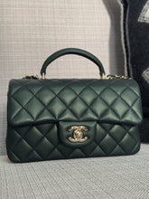 Load image into Gallery viewer, Chanel Iridescent Dark Green Lambskin Mini Rectangular Flap Bag with Top Handle and Champagne GHW
