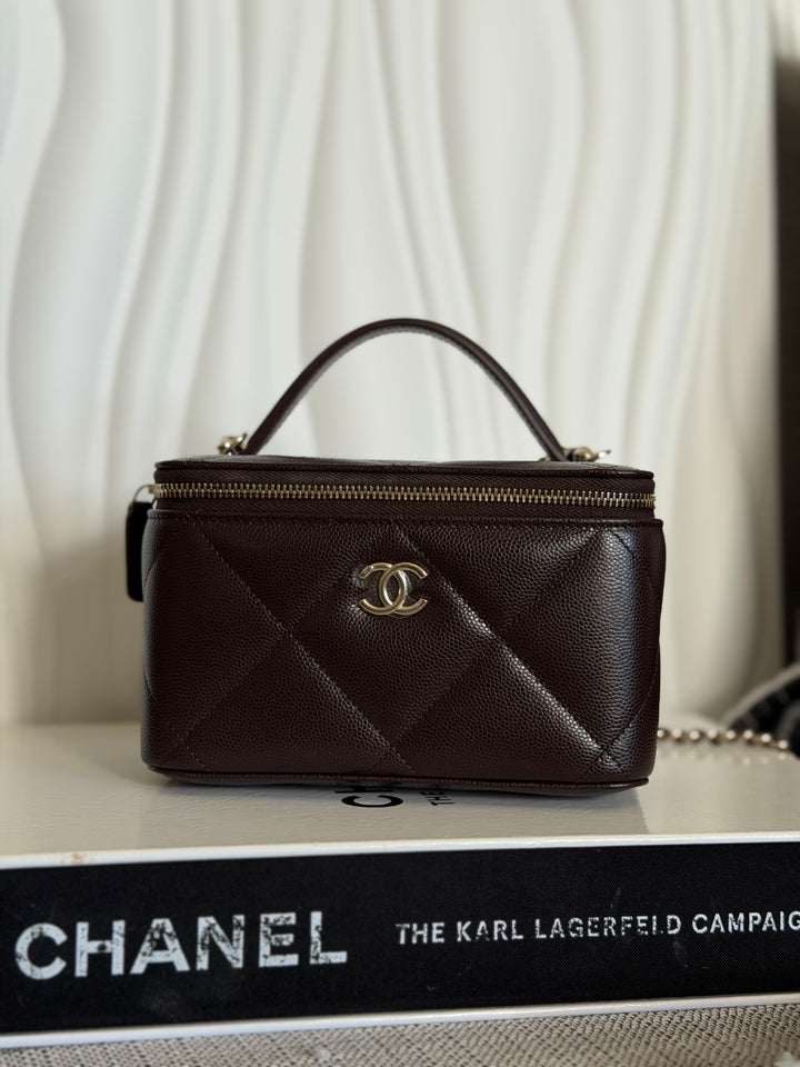 CHANEL 26S Dark Brown Caviar LGHW Small Vanity Case with Top Handle