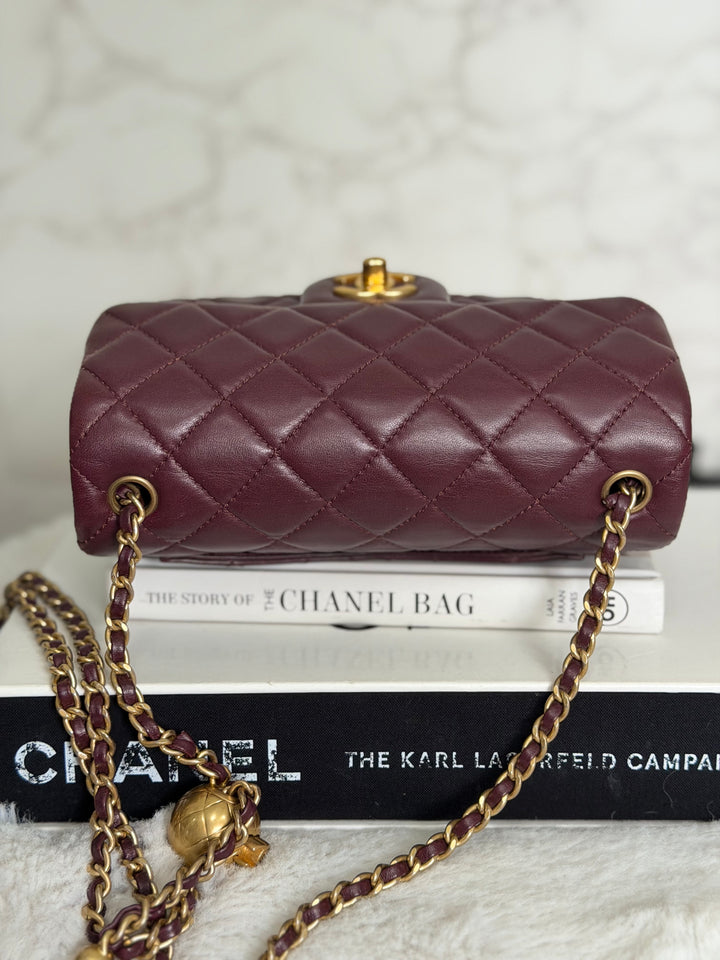 CHANEL 21B Burgundy Lambskin Aged GHW Pearl Crush Adjustable Chain Mini rectangular flap Bag 2021