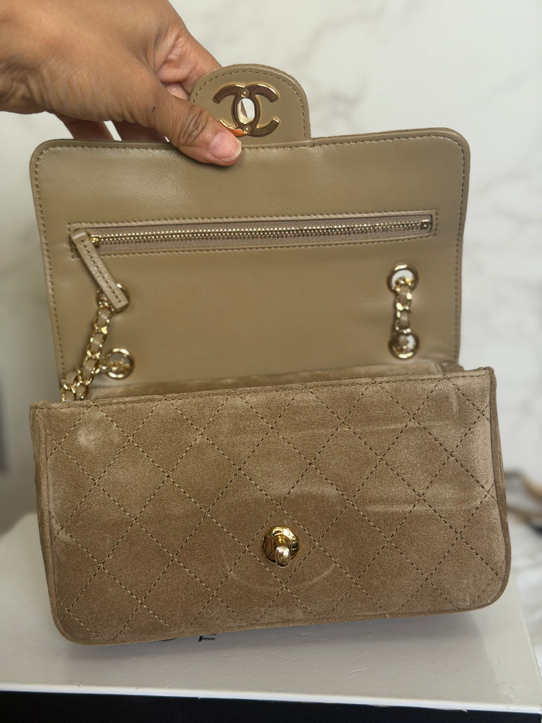 CHANEL 26B Beige Suede Matthie Blazy Mini Flap Bag GHW 2026