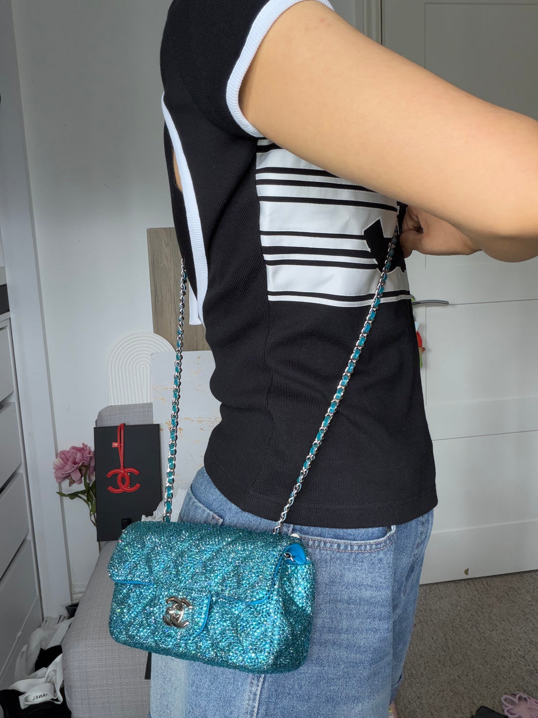 CHANEL series 21 Turquoise Teal Green Blue Diamanté Swarovski Crystal Strasssd Extra Mini Flap Bag with SHW *unicorn* RARE