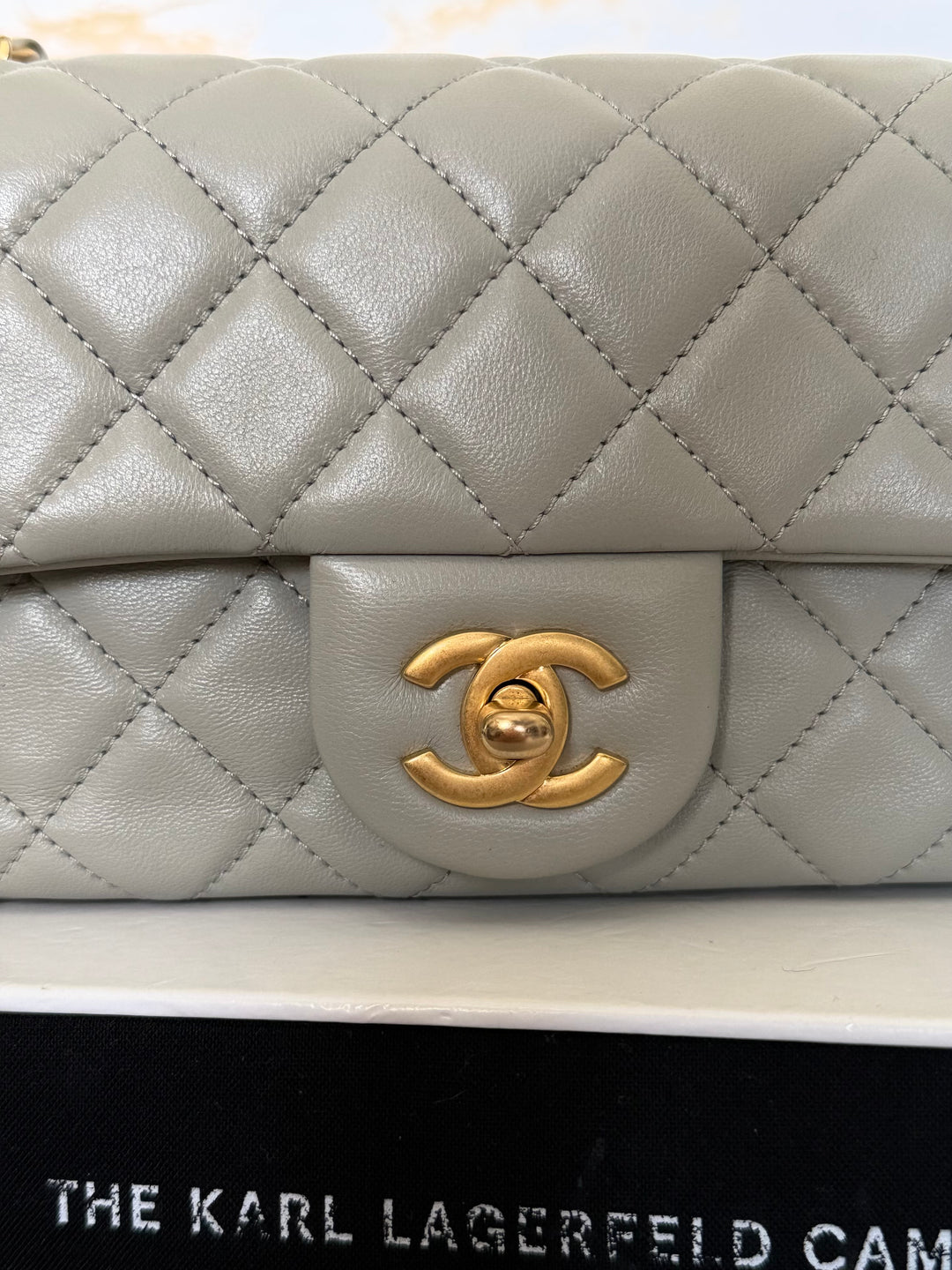 CHANEL Grey Lambskin Aged GHW Pearl Crush Adjustable Chain Mini Rectangular Flap Bag 2021