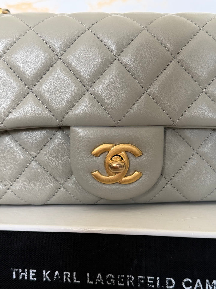 CHANEL Grey Lambskin Aged GHW Pearl Crush Adjustable Chain Mini Rectangular Flap Bag 2021