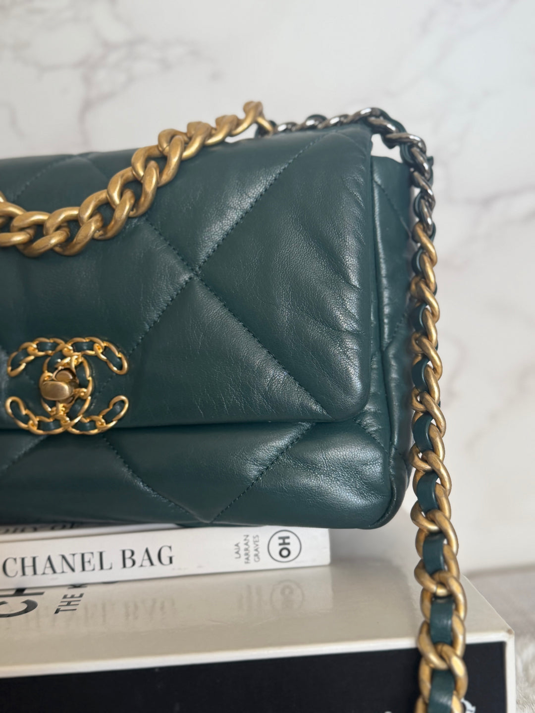 CHANEL 19 size SMALL in 20B Teal Dark Green Goat skin mixed hardware 2020