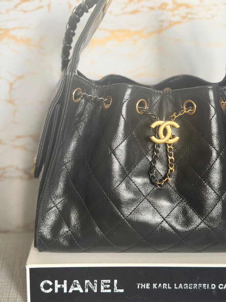 CHANEL Black Shiny Calf Skin Mixed Hardware 25 Hobo Bag size SMALL 2025/2026