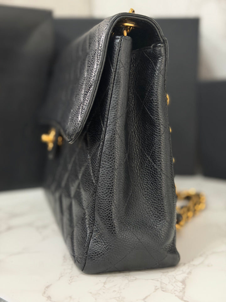 Chanel Series 7 24K GHW Black Caviar Vintage Jumbo Single Flap Bag 2008/2009