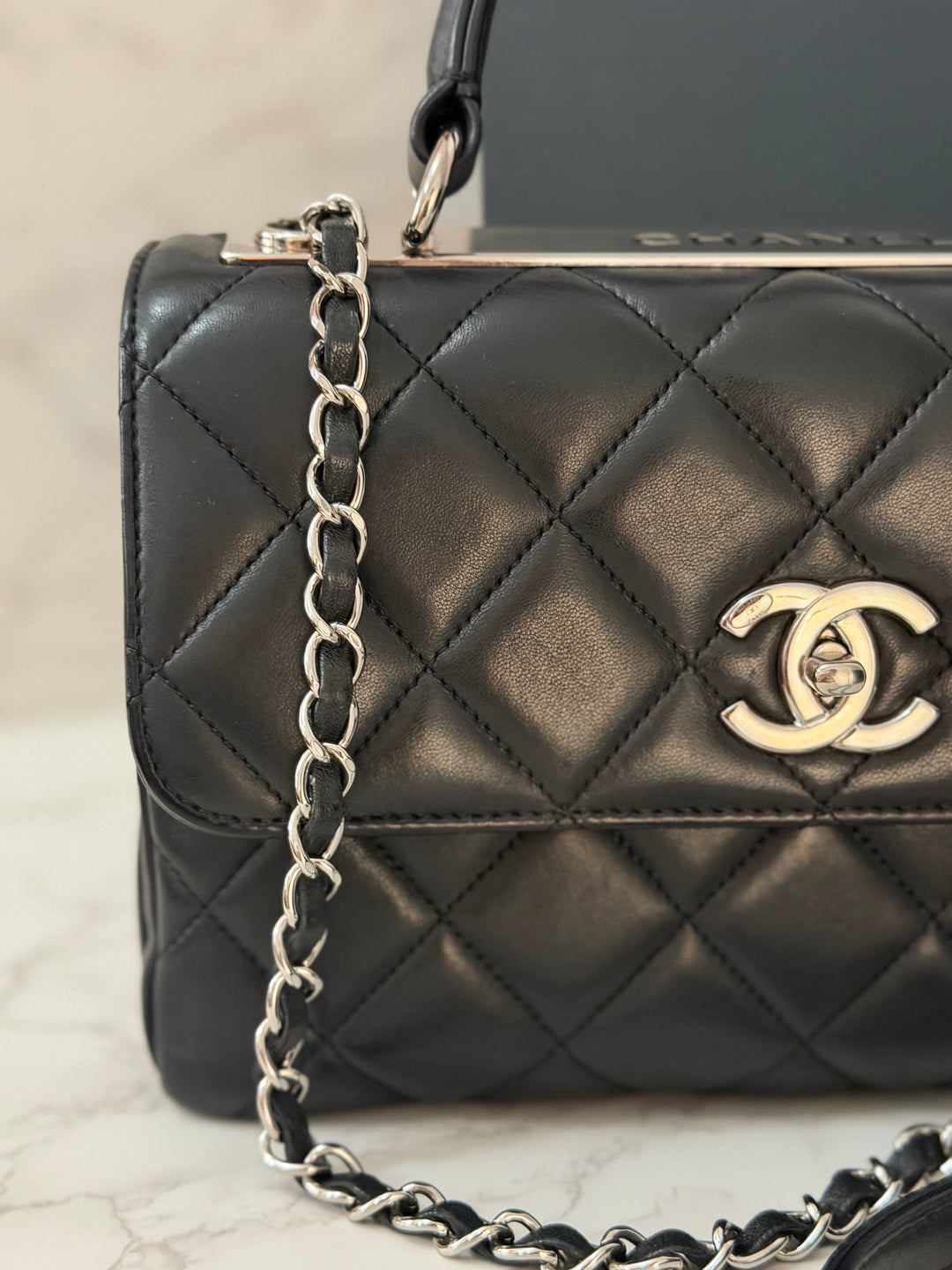 CHANEL series 24 Black Lambskin Silver HW Trendy CC Top Handle Flap Bag with Top Handle and detachable chain