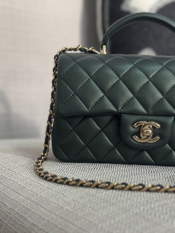 Chanel Iridescent Dark Green Lambskin Mini Rectangular Flap Bag with Top Handle and Champagne GHW