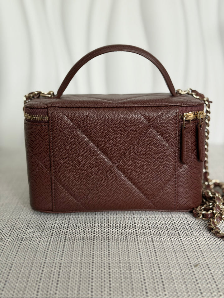 CHANEL 25K 2025 collection Brown Caviar LGHW Leather Top Handle Small Vanity with Chain