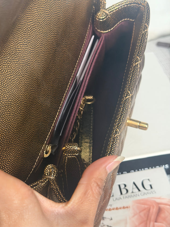 CHANEL series 28 19A Metallic Bronze Gold Caviar Aged GHW Coco Handle Flap Bag size SMALL with detachable shoulder strap 2019