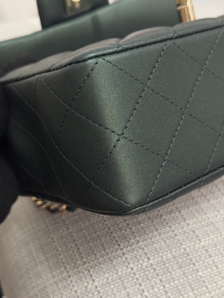 Chanel Iridescent Dark Green Lambskin Mini Rectangular Flap Bag with Top Handle and Champagne GHW