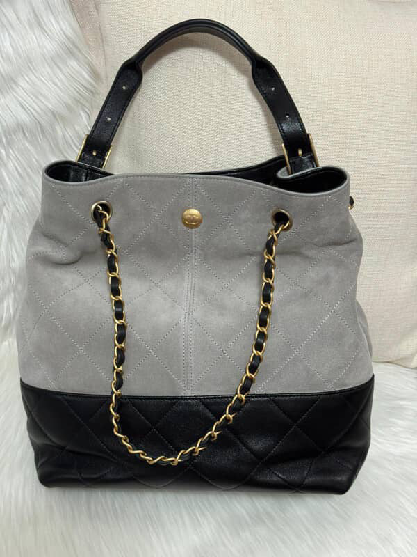 CHANEL 2025 25A collection Grey Suede Black Calf skin Leather Hobo Bag size Small