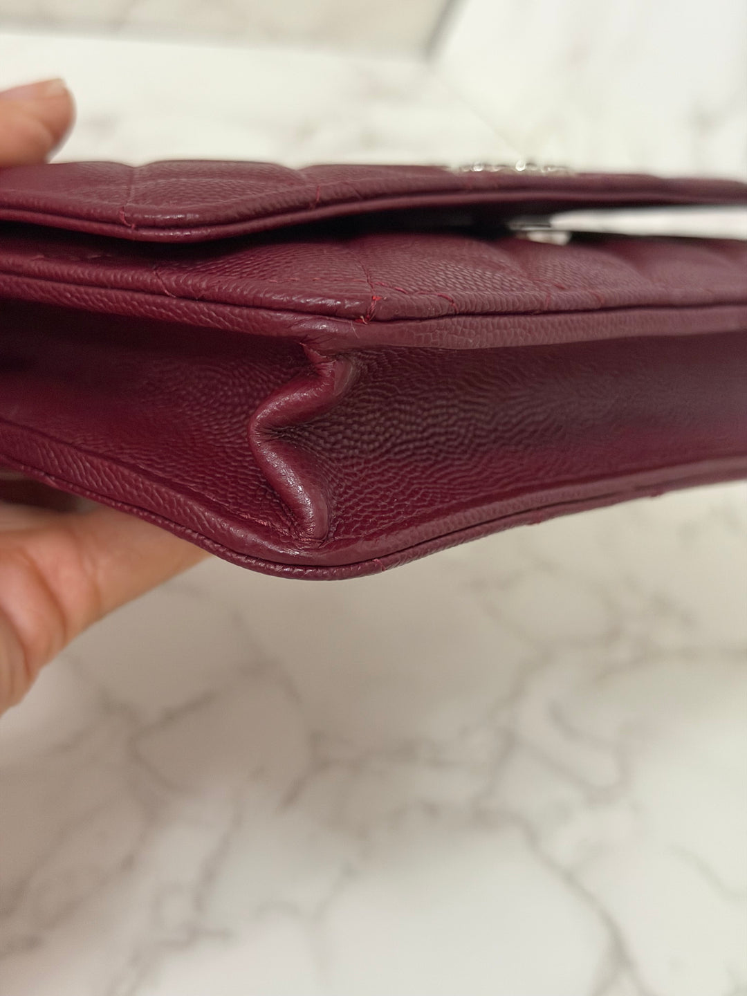 CHANEL 2024 Burgundy Caviar SHW Classic Wallet on chain (WOC) with crystal CC Logo