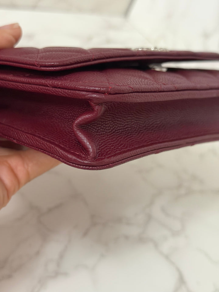 CHANEL 2024 Burgundy Caviar SHW Classic Wallet on chain (WOC) with crystal CC Logo