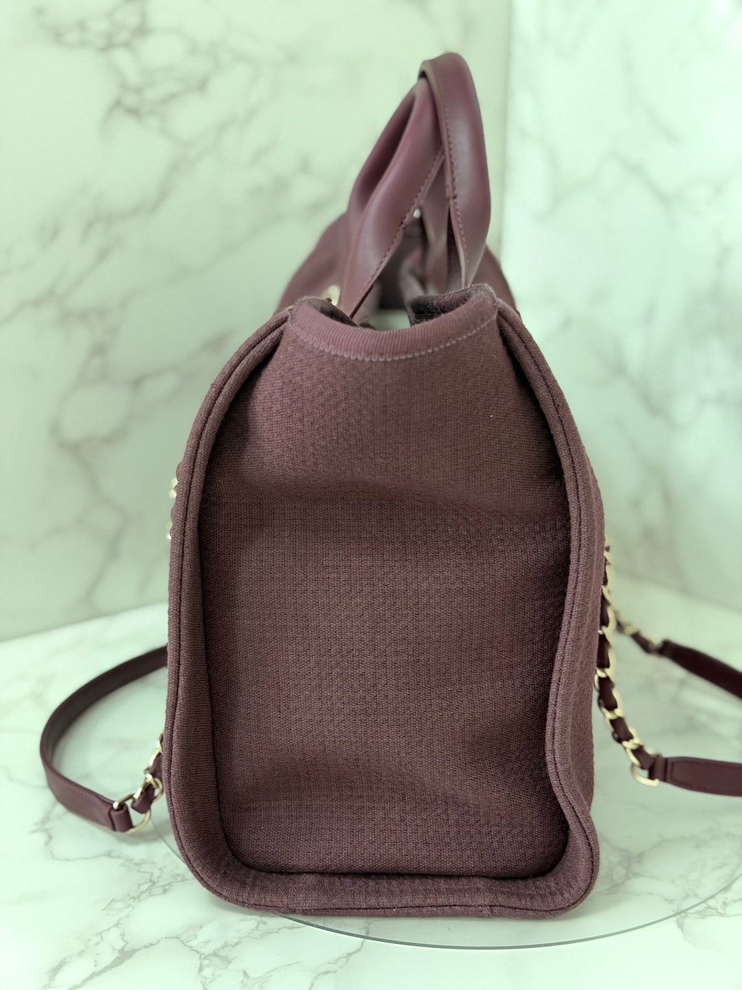 Chanel 24B Collection 2024 Burgundy Tweed Deauville Tote with Leather top handle size small and Detachable pouch