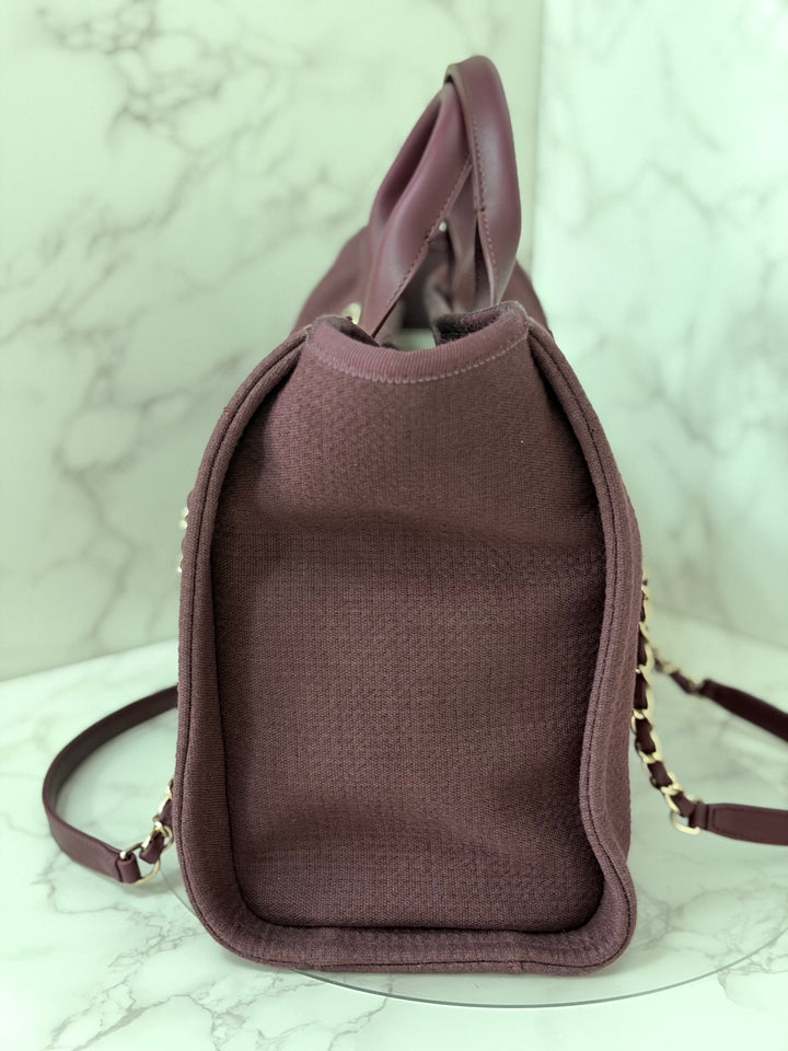 Chanel 24B Collection 2024 Burgundy Tweed Deauville Tote with Leather top handle size small and Detachable pouch