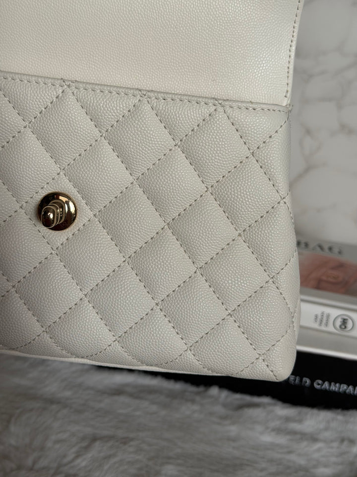 CHANEL White Caviar LGHW Coco Handle Flap Bag Size SMALL with detachable Strap Microchipped