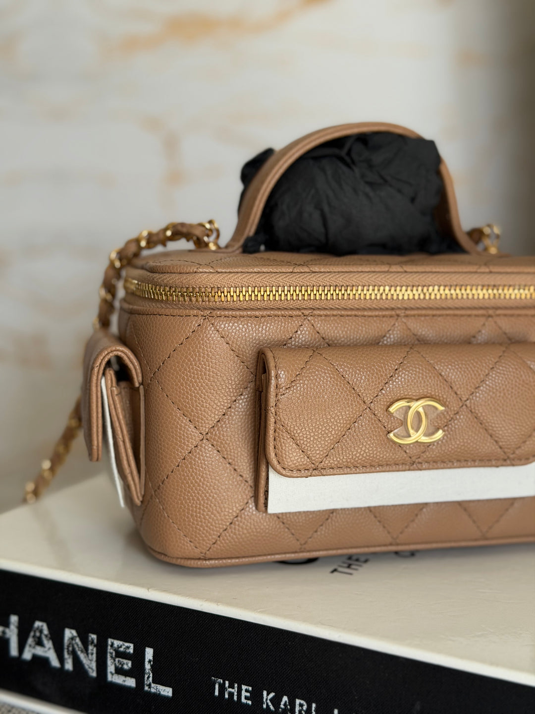 CHANEL Dark Beige Caviar Quilted Polly Pockets Cargo Small Vanity Case with Aged GHW 2023