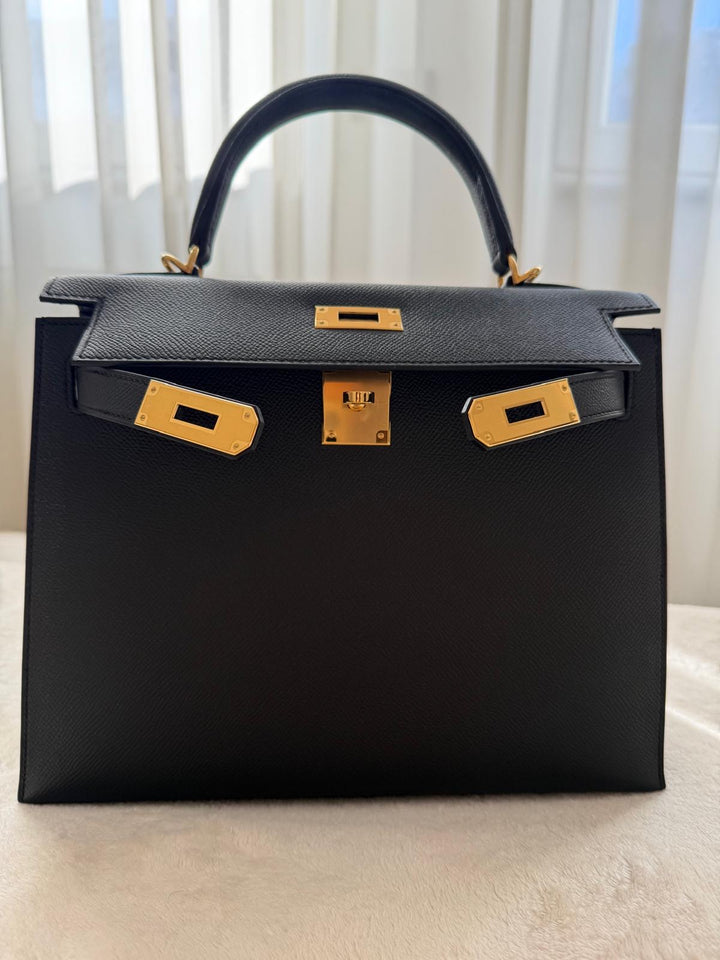 Hermès Kelly 28 Black Sellier Epsom Leather GHW Stamp B 2023 Kept unused Box fresh