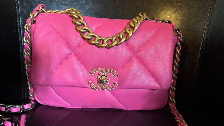 CHANEL 19 size Small in Hot Pink Lambskin Mixed Hardware Flap Bag Microchipped