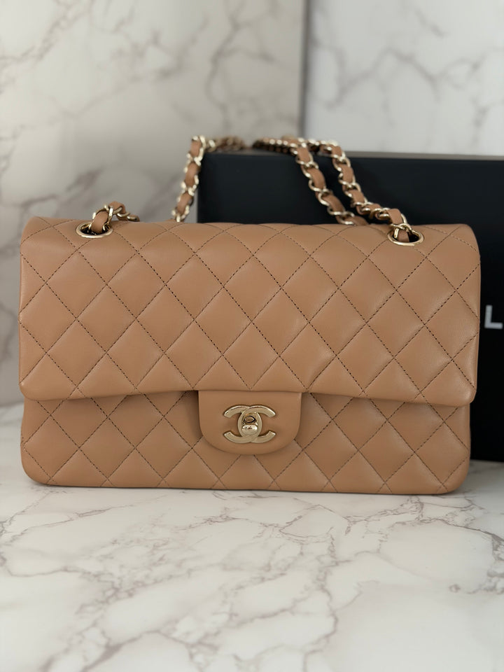 CHANEL 22K 2022 Dark Beige Lambskin LGHW Medium ML Timeless Classic Double Flap Bag