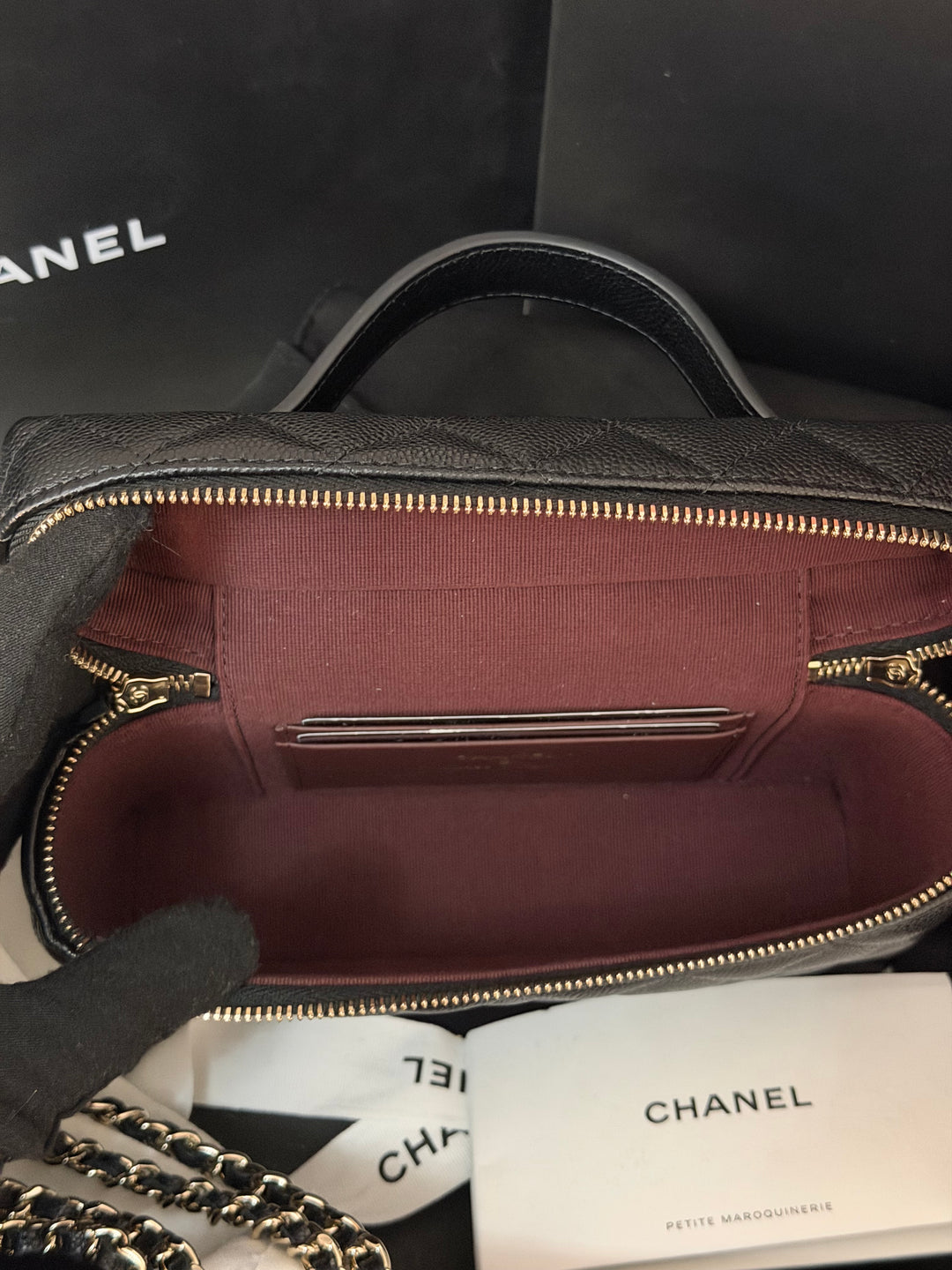 CHANEL Black Caviar LGHW Long Vanity with top handle and detachable chain