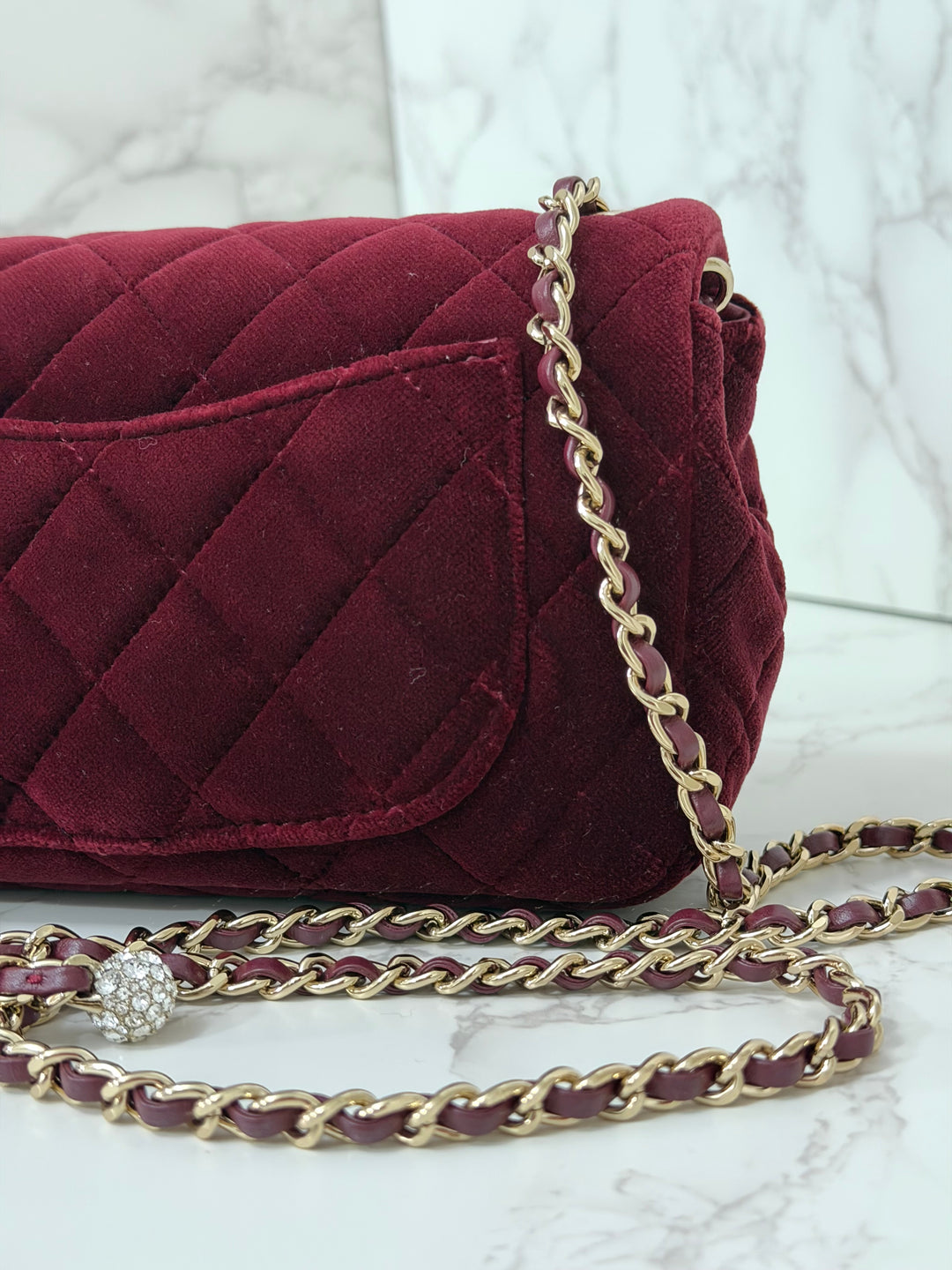 CHANEL series 31 Dark Red/Burgundy Velvet Adjustable Crystal Pearl Crush Mini Rectangular Flap Bag LGHW 2020/2021